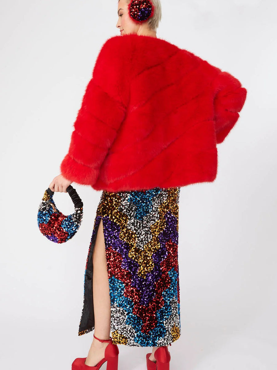 Gaga Faux Fur Striped Red Coat