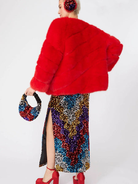 Gaga Faux Fur Striped Red Coat