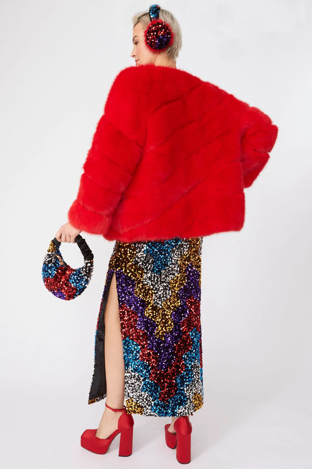 Gaga — Faux Fur Striped Red Coat, alternate view 3