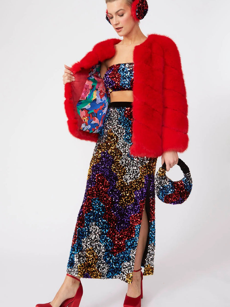 Gaga Faux Fur Striped Red Coat