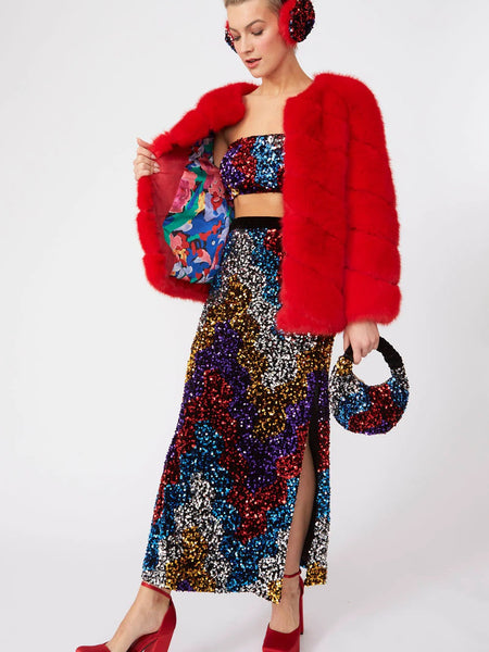 Gaga Faux Fur Striped Red Coat