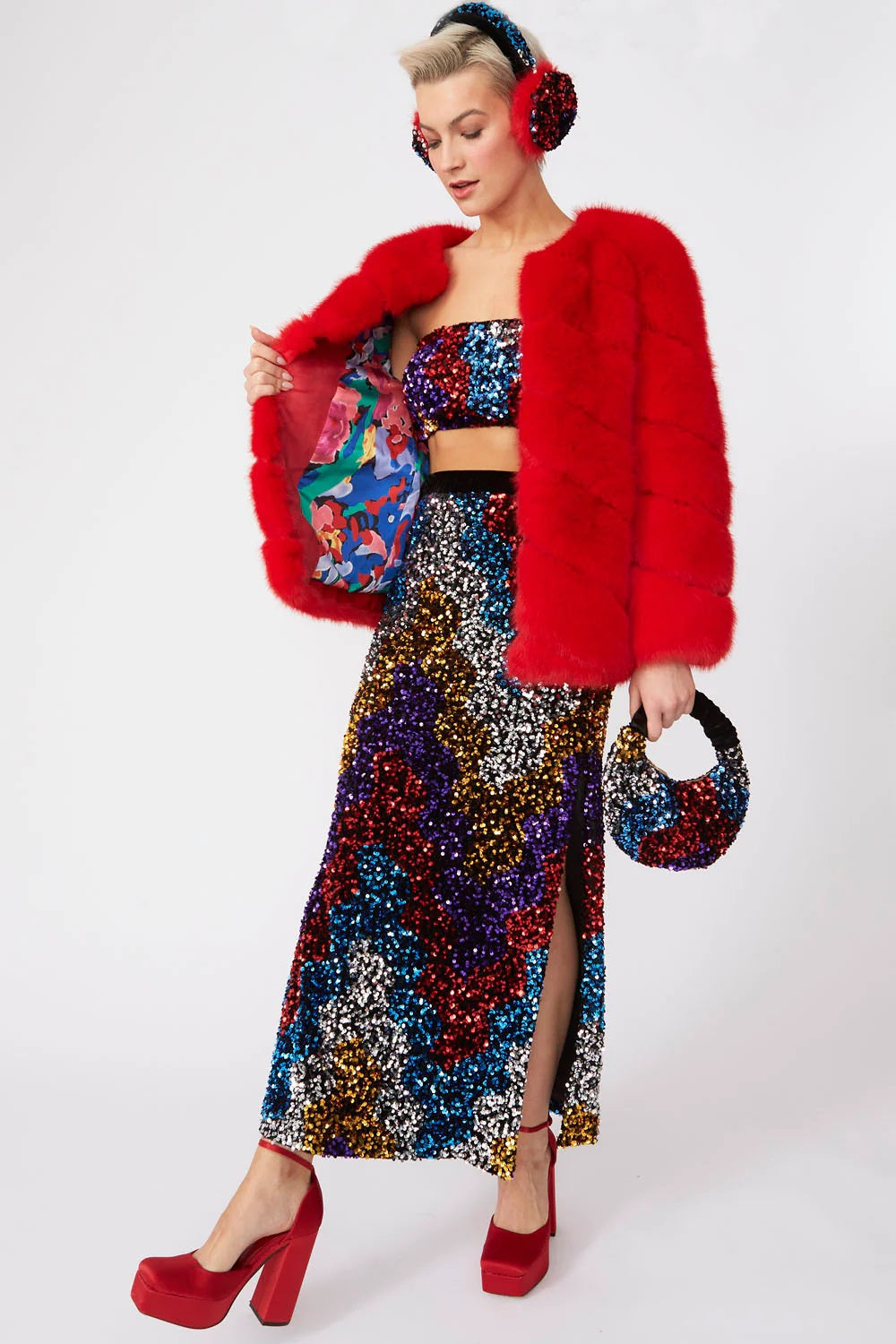 Gaga — Faux Fur Striped Red Coat