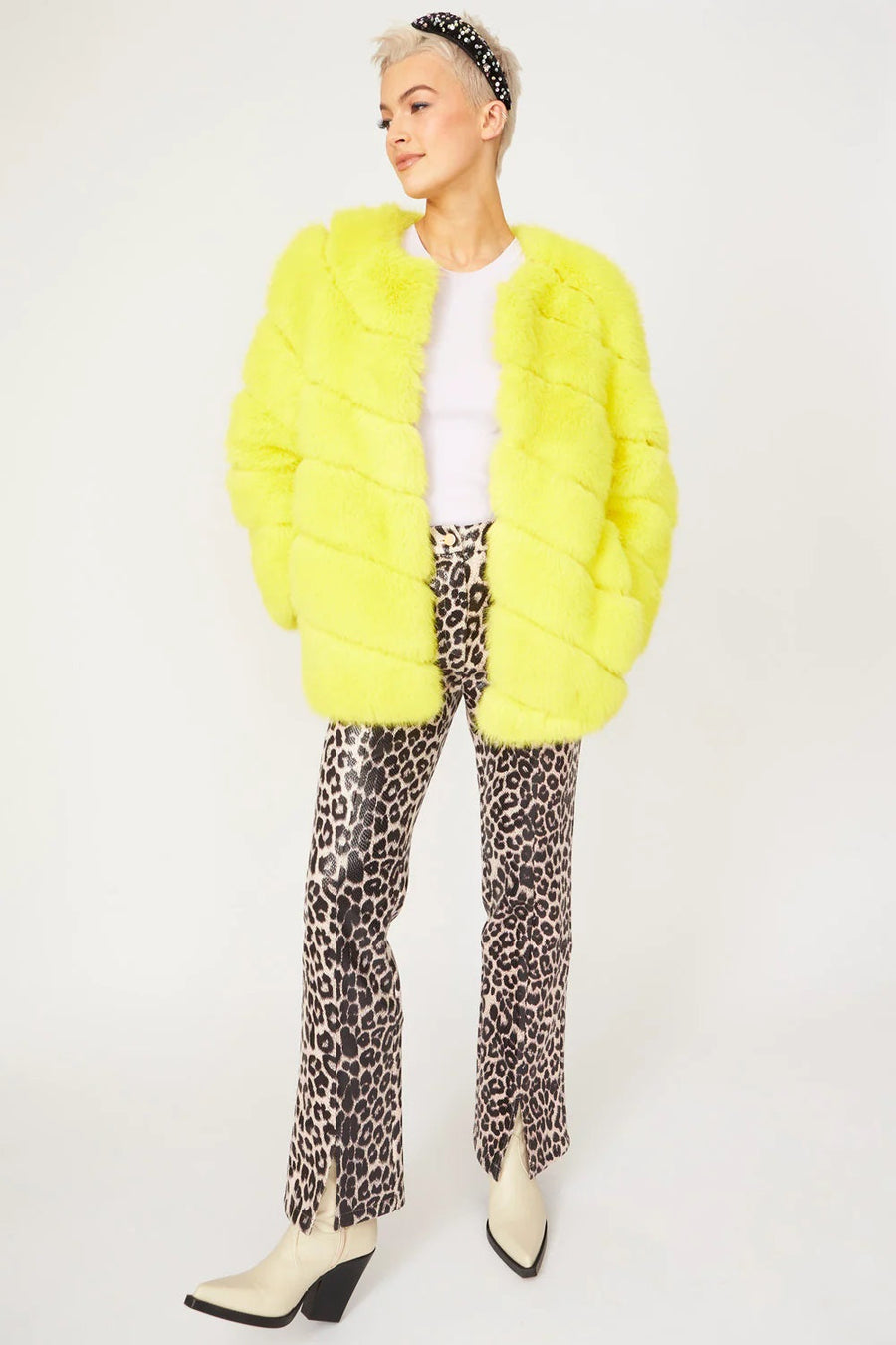 Gaga — Faux Fur Striped Yellow Coat, alternate view 2
