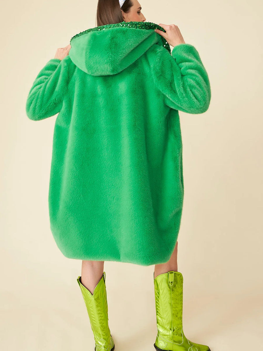 Green Faux Fur Sequins Trim Hooded Maxi Coat-1
