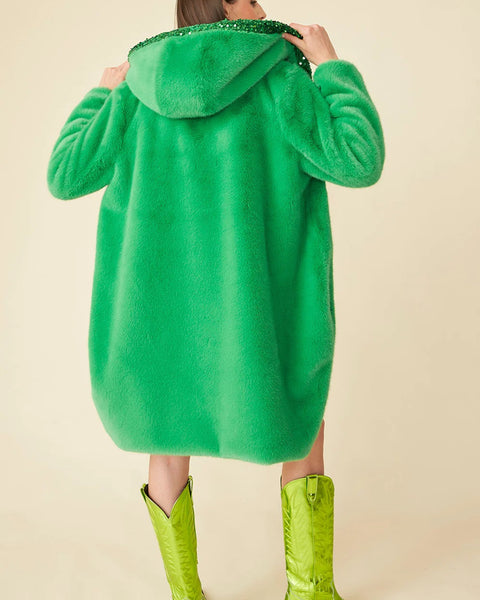 Green Faux Fur Sequins Trim Hooded Maxi Coat-1