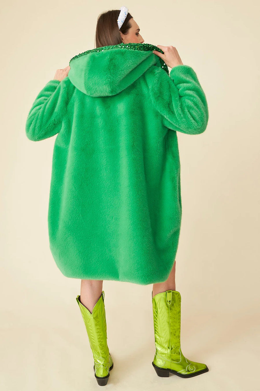 Ysolde — Green Faux Fur Sequins Trim Hooded Maxi Coat, alternate view 2
