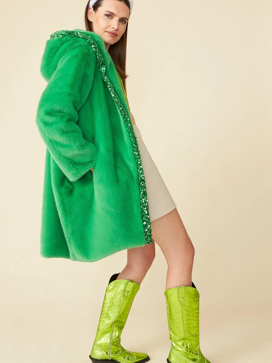 Green Faux Fur Sequins Trim Hooded Maxi Coat-2