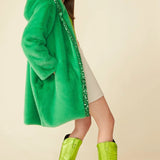 Green Faux Fur Sequins Trim Hooded Maxi Coat-2
