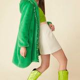 Green Faux Fur Sequins Trim Hooded Maxi Coat-3