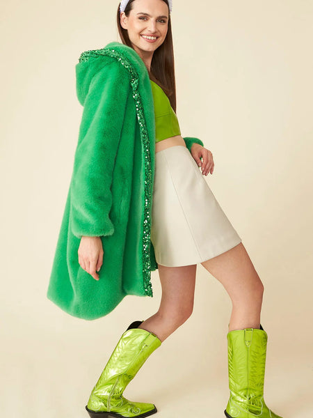 Green Faux Fur Sequins Trim Hooded Maxi Coat-3
