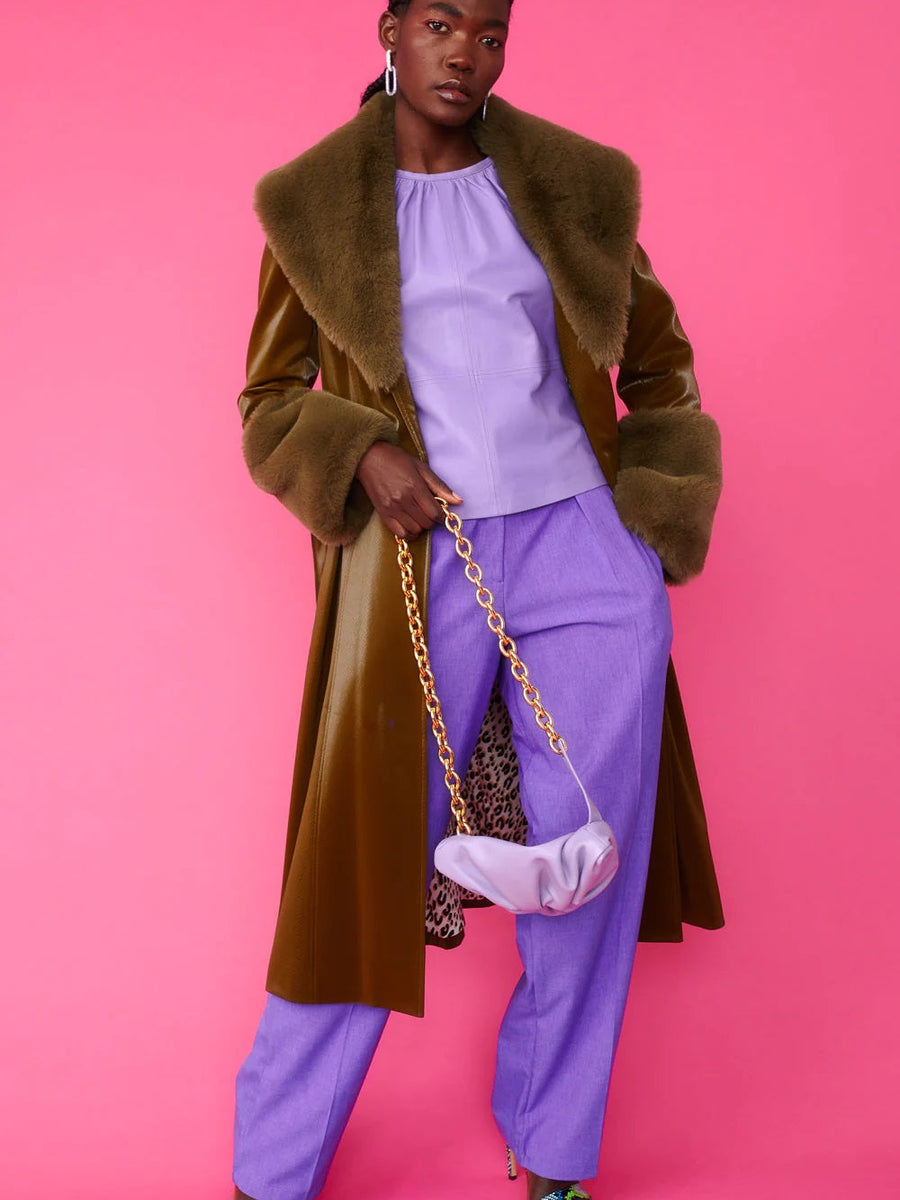 Green Faux Leather Trench Coat with Faux Fur Collar and Cuffs-1