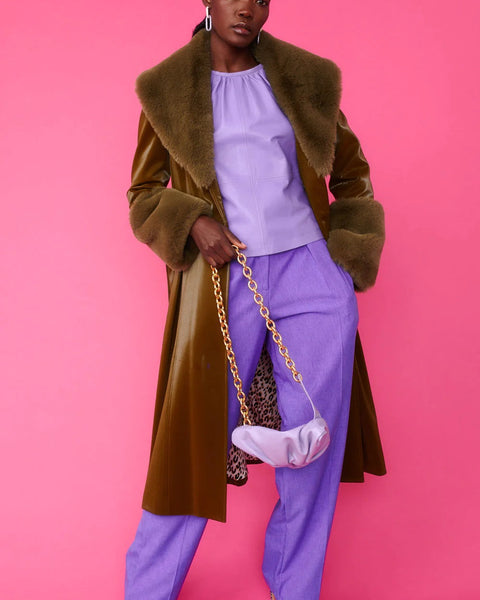 Green Faux Leather Trench Coat with Faux Fur Collar and Cuffs-1