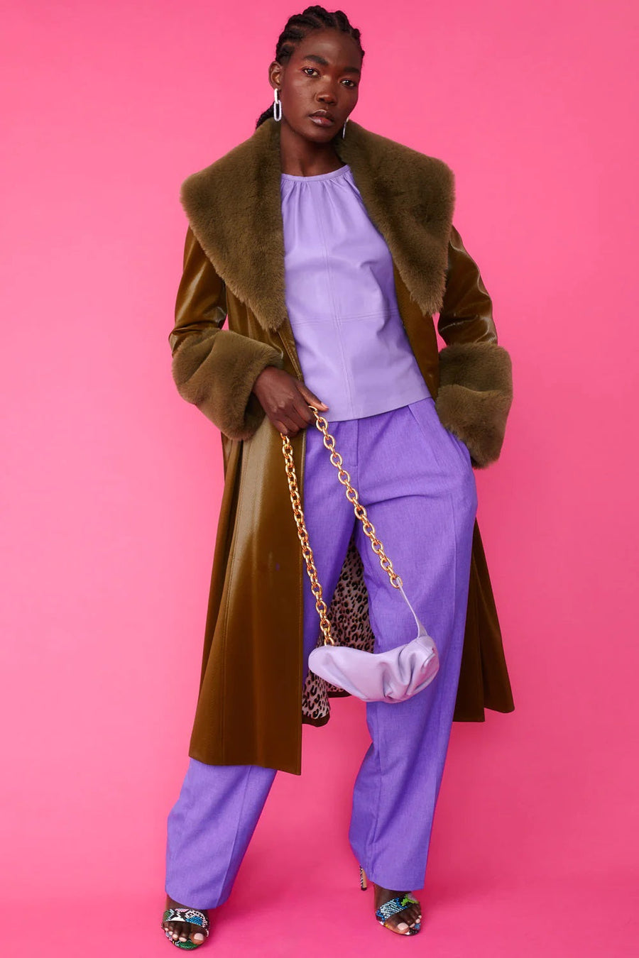 Célestia Beaumont — Green Faux Leather Trench Coat with Faux Fur Collar and Cuffs, alternate view 2