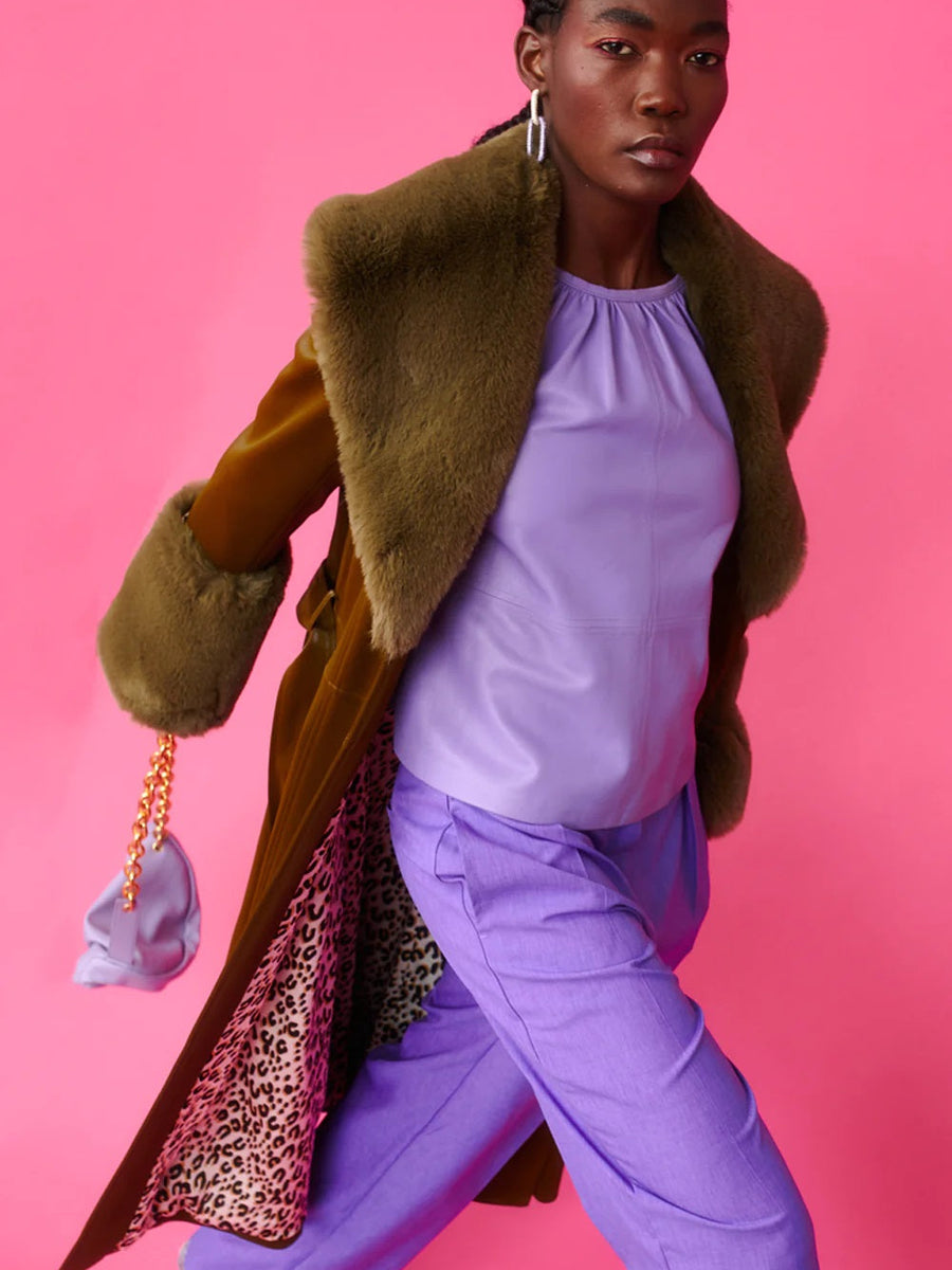 Green Faux Leather Trench Coat with Faux Fur Collar and Cuffs-2