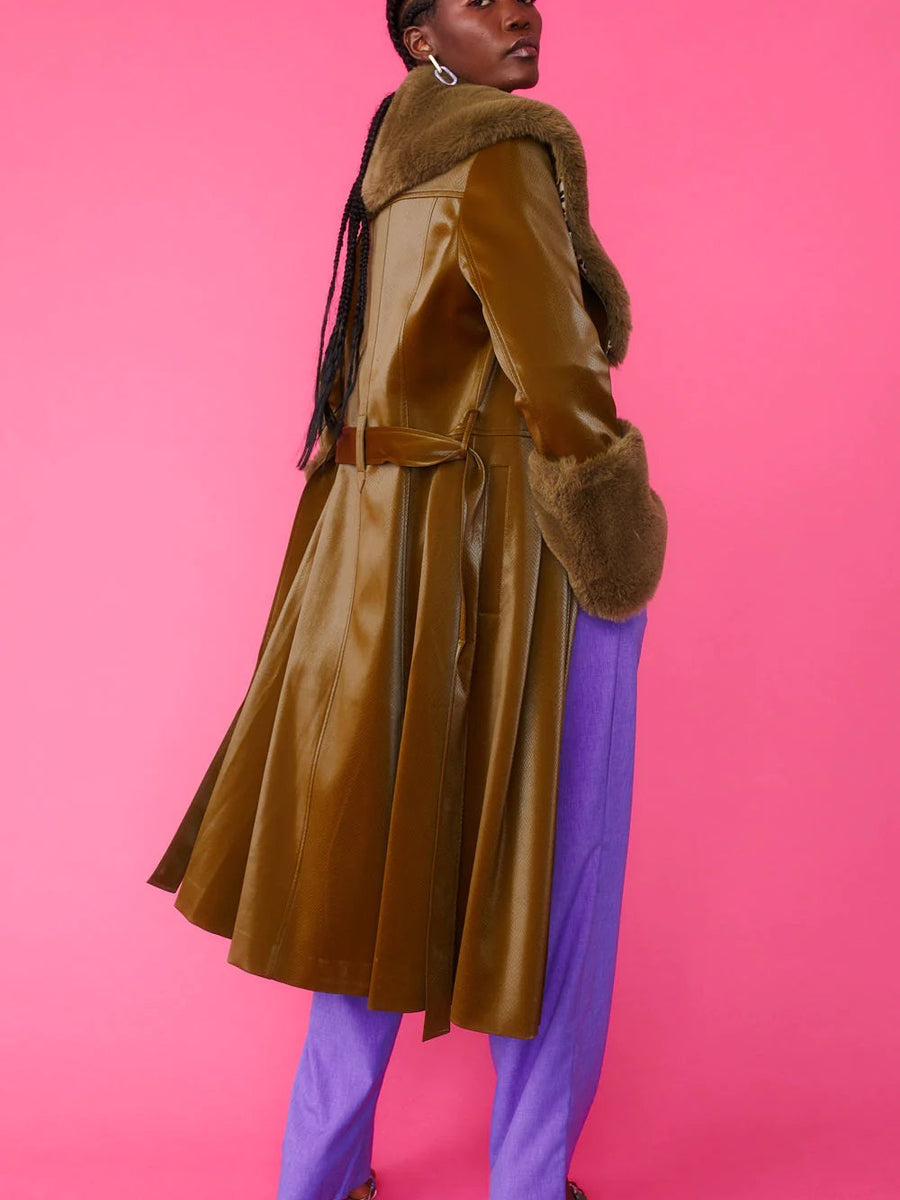 Green Faux Leather Trench Coat with Faux Fur Collar and Cuffs-3