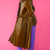Green Faux Leather Trench Coat with Faux Fur Collar and Cuffs-3
