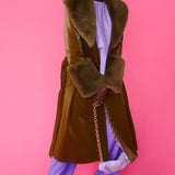 Green Faux Leather Trench Coat with Faux Fur Collar and Cuffs-0