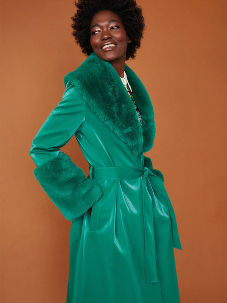 Green Faux Suede Trench Coat with Faux Fur Collar and Cuffs