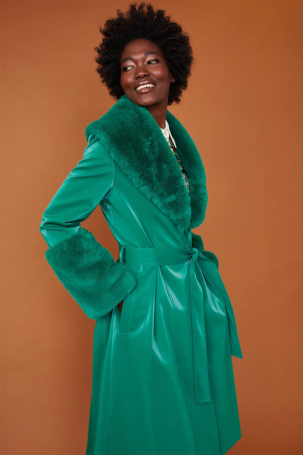 Ianthe — Green Faux Suede Trench Coat with Faux Fur Collar and Cuffs, alternate view 3