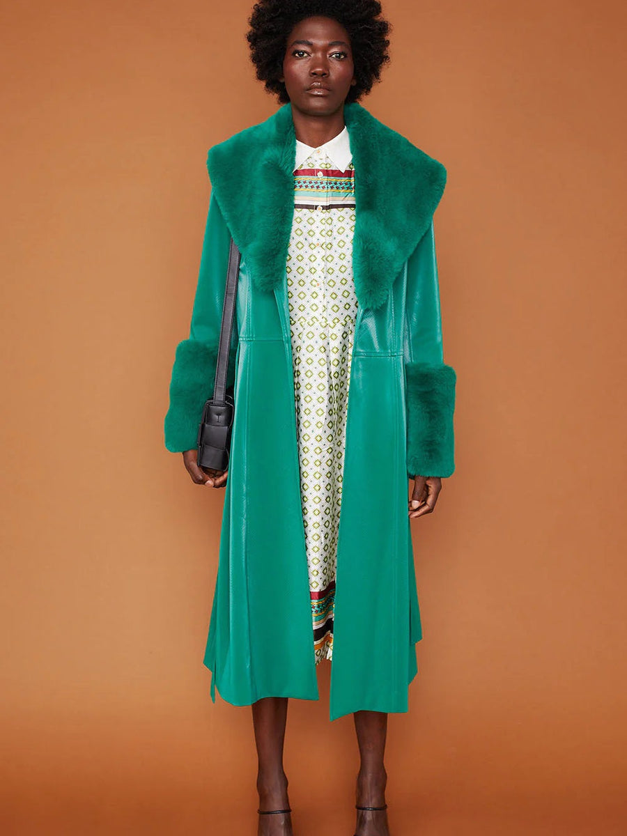 Green Faux Suede Trench Coat with Faux Fur Collar and Cuffs