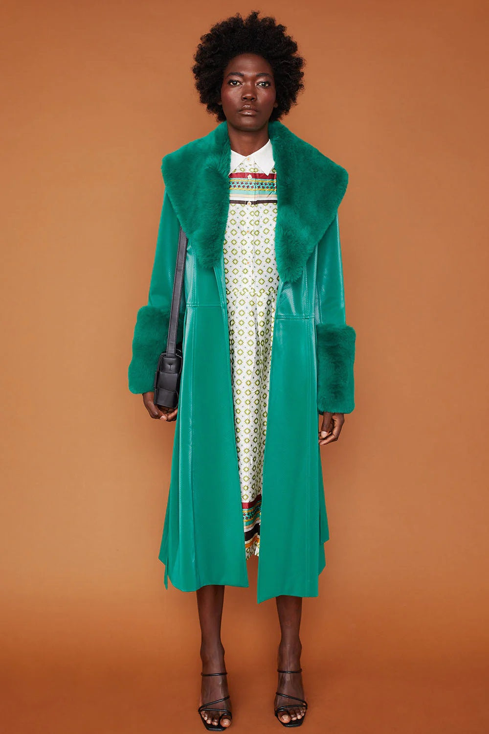Ianthe — Green Faux Suede Trench Coat with Faux Fur Collar and Cuffs, alternate view 4