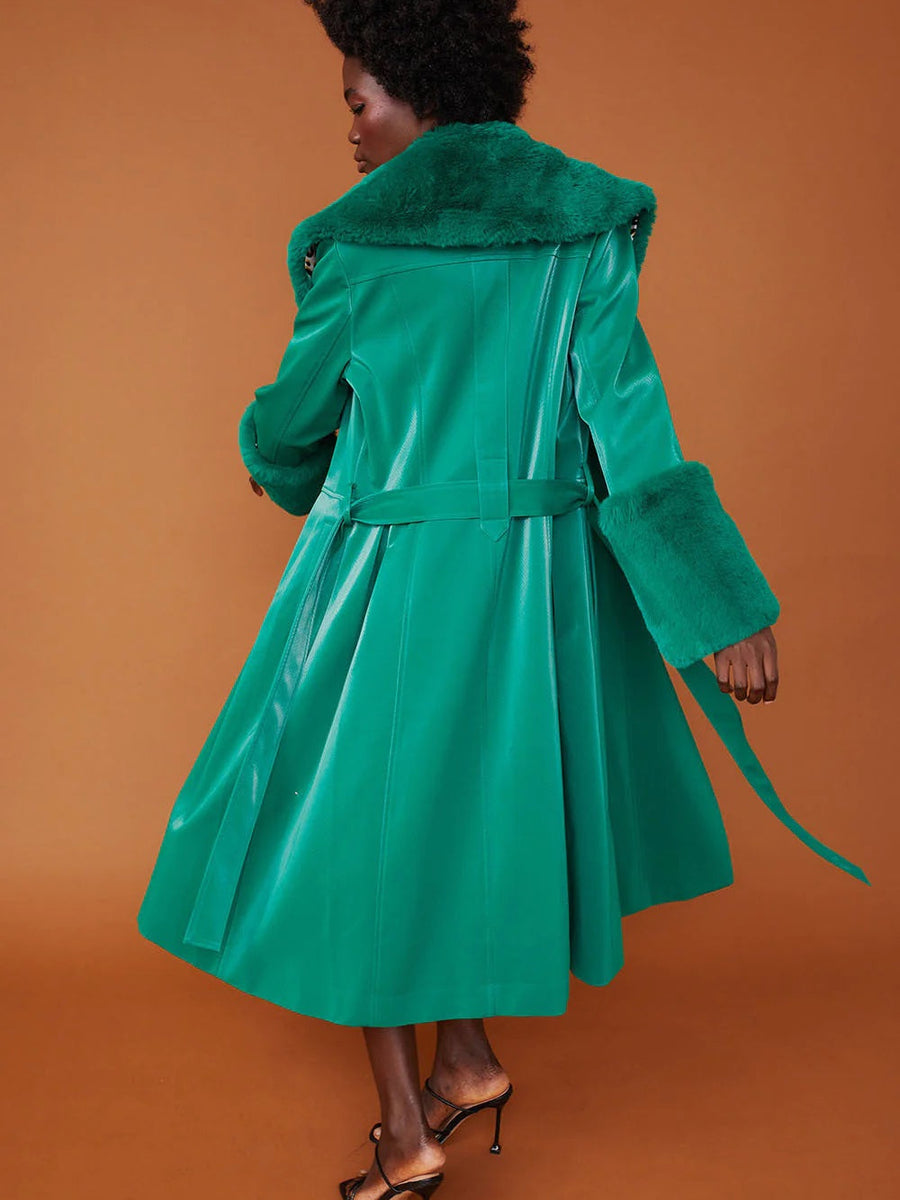 Green Faux Suede Trench Coat with Faux Fur Collar and Cuffs