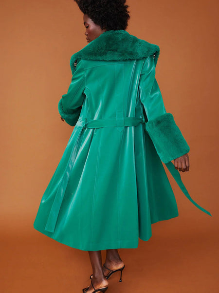 Green Faux Suede Trench Coat with Faux Fur Collar and Cuffs