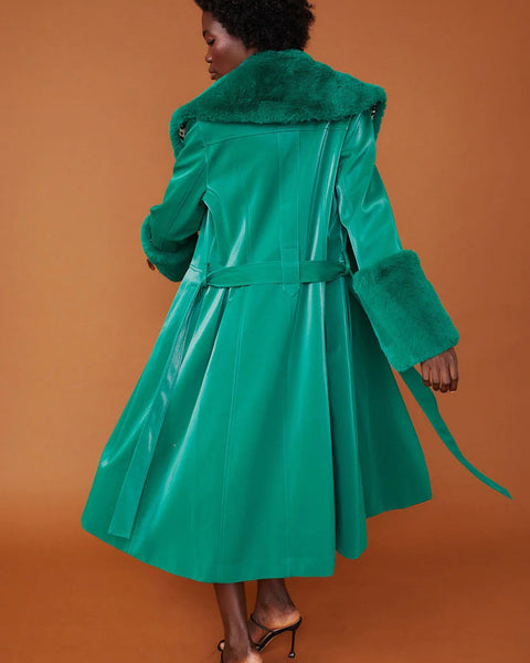 Green Faux Suede Trench Coat with Faux Fur Collar and Cuffs