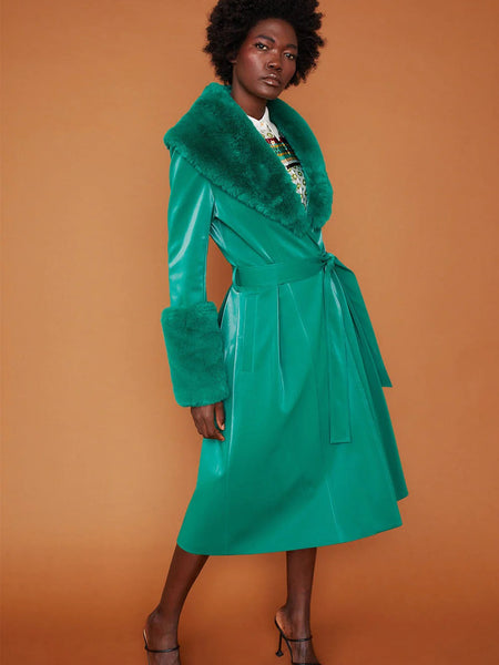 Green Faux Suede Trench Coat with Faux Fur Collar and Cuffs