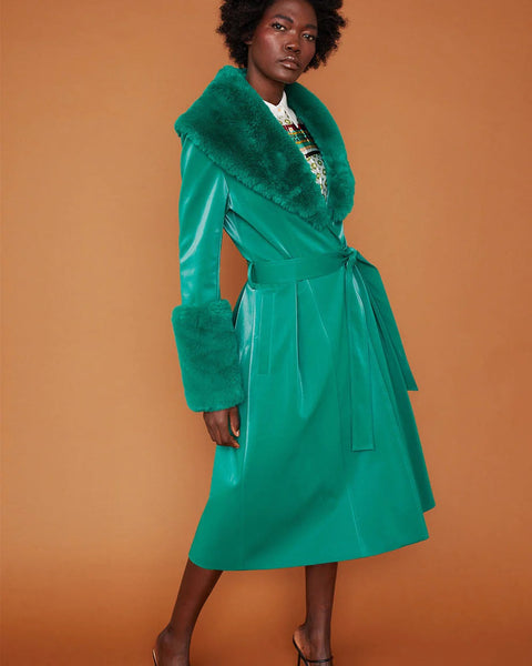 Green Faux Suede Trench Coat with Faux Fur Collar and Cuffs