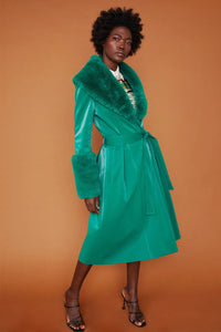 Ianthe — Green Faux Suede Trench Coat with Faux Fur Collar and Cuffs, alternate view 2