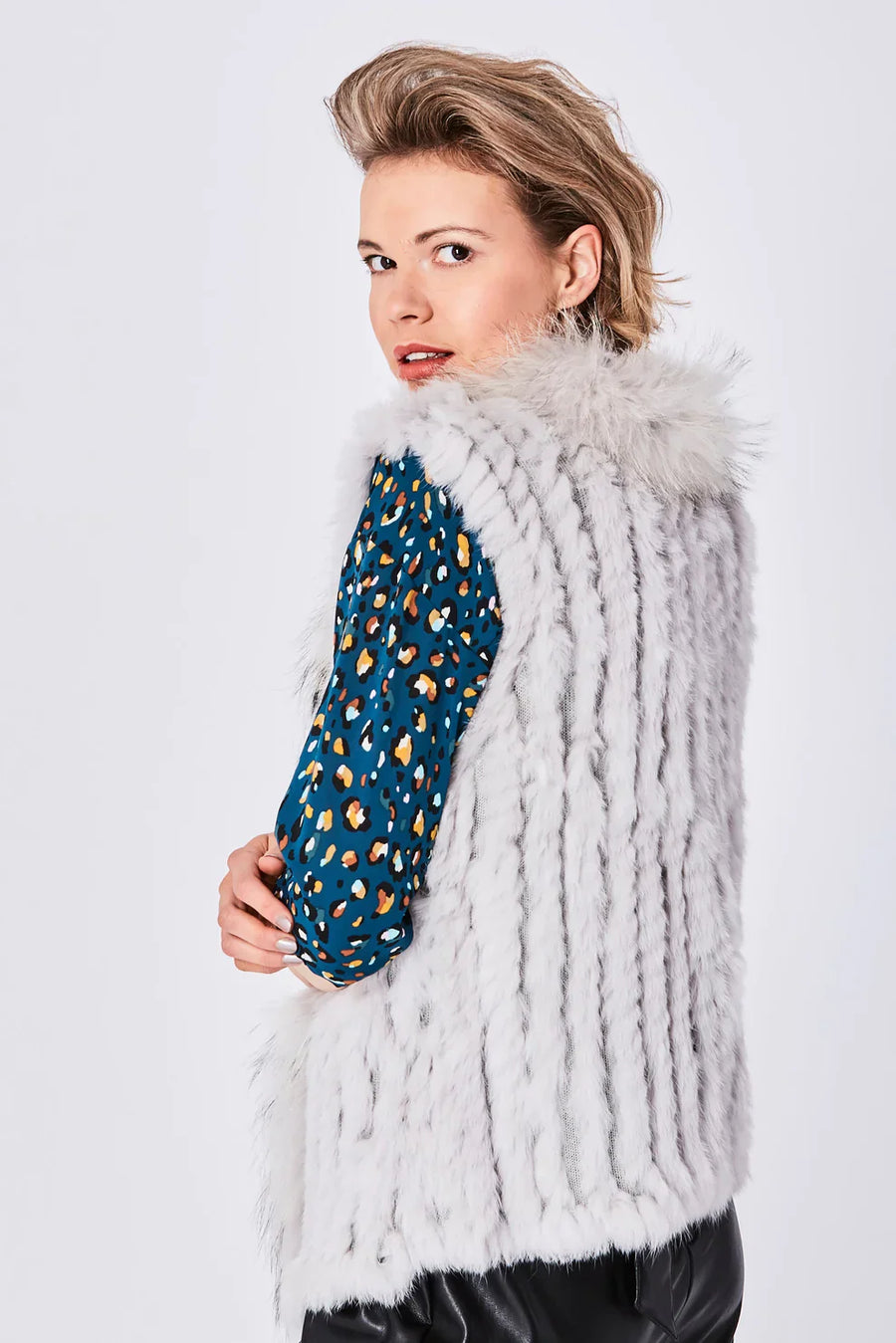 Nova Versailles — Grey Fox and Coney Fur Gilet With Collar Feature Grey Coat or Jacket