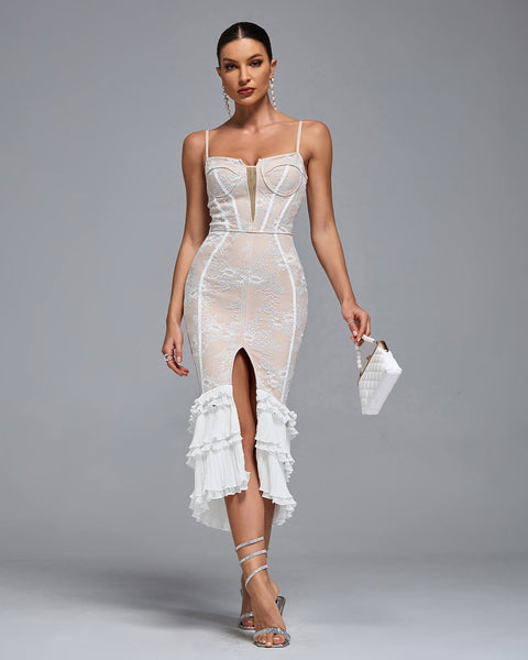 Ruffle Hem Strap Lace Bandage Dress - Opulent Empire