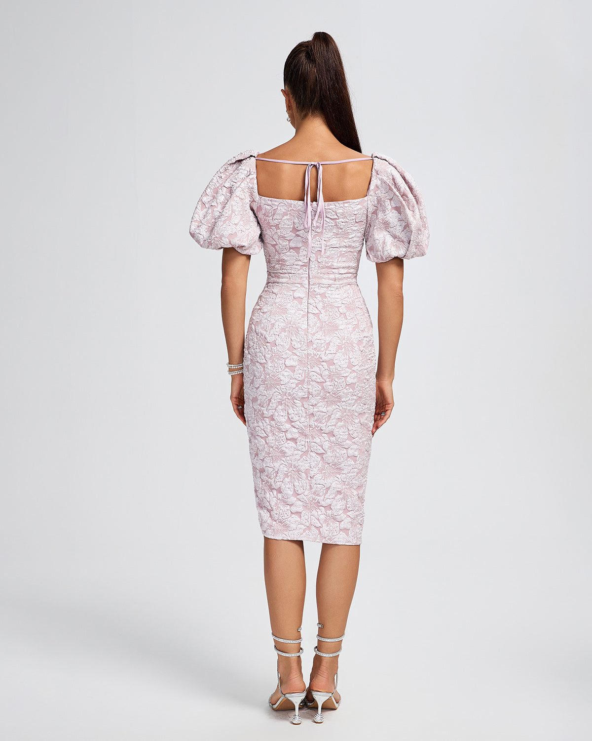 Pink Jacquard Sweetheart Midi Cocktail Dress