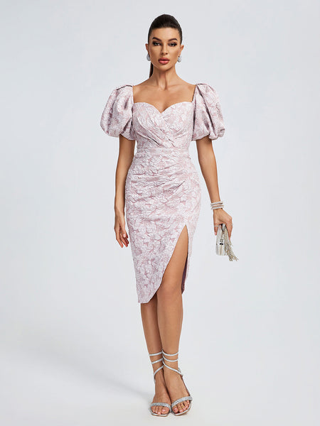 Pink Jacquard Sweetheart Midi Cocktail Dress