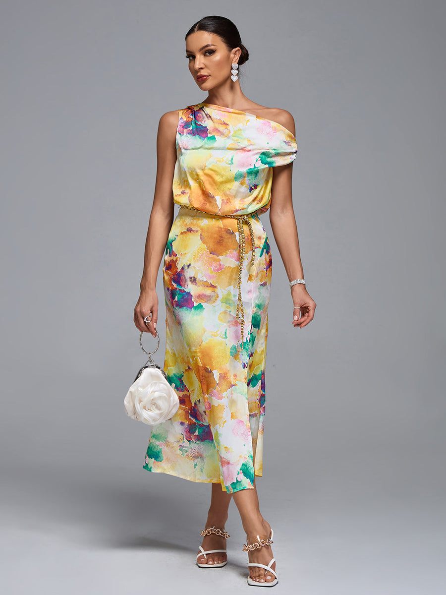 One Shoulder Tie-dye Print Midi Dress