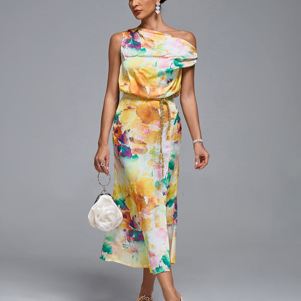 One Shoulder Tie-dye Print Midi Dress