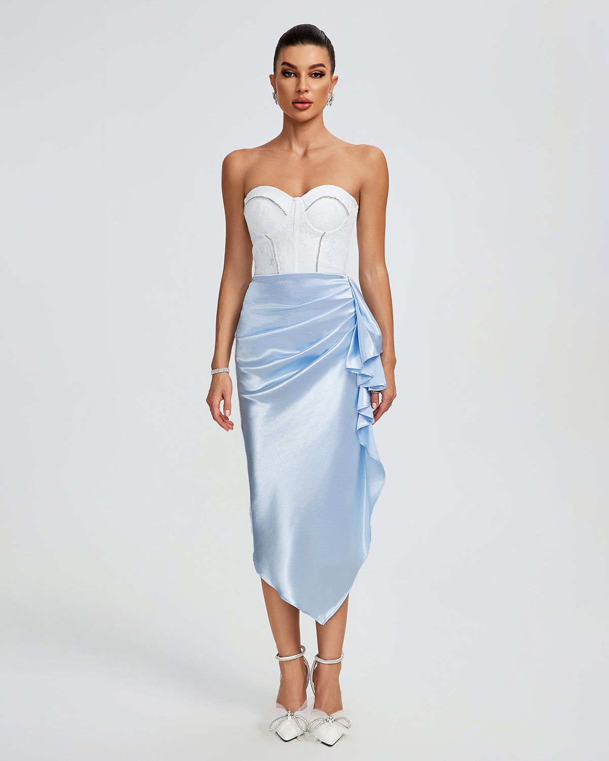 Aurelia Fontaine — White Lace Bustier Midi Draped Dress, alternate view 5