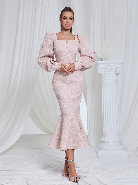 Hooked Dress, Bodycon Midi with Square Neckline and Long Sleeves, Fish Tail HB101470