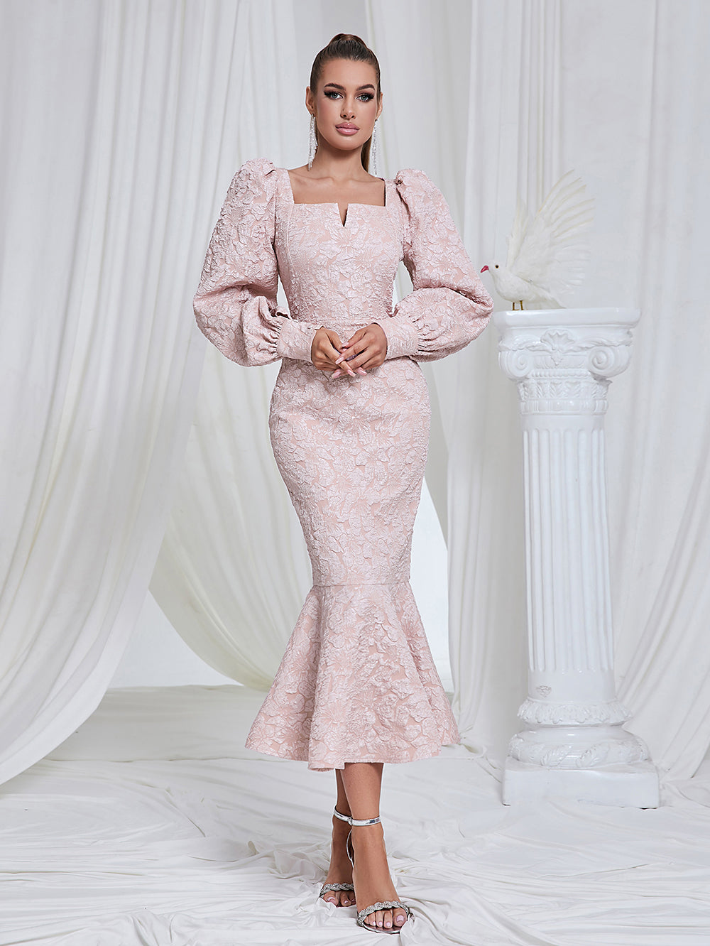 Yasmina Delacroix — Hooked Dress, Bodycon Midi with Square Neckline and Long Sleeves, Fish Tail HB101470