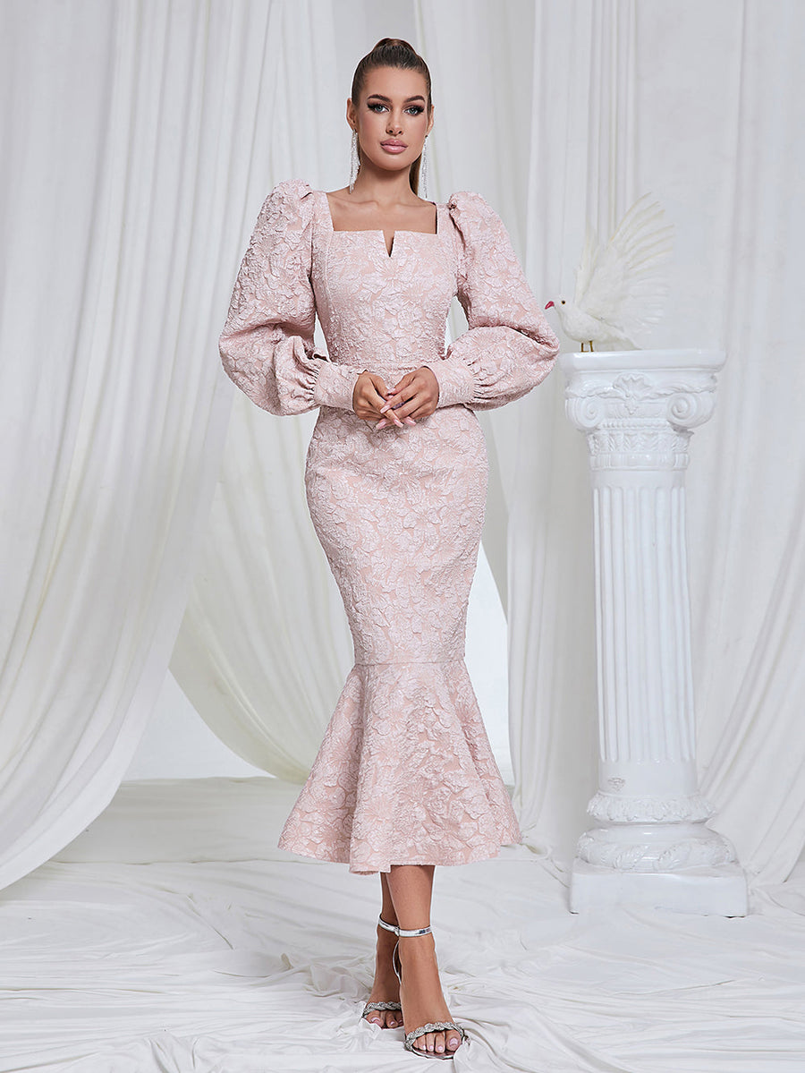 Yasmina Delacroix — Hooked Dress, Bodycon Midi with Square Neckline and Long Sleeves, Fish Tail HB101470