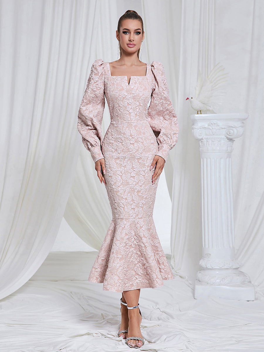 Hooked Dress, Bodycon Midi with Square Neckline and Long Sleeves, Fish Tail HB101470