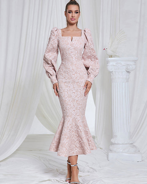 Hooked Dress, Bodycon Midi with Square Neckline and Long Sleeves, Fish Tail HB101470