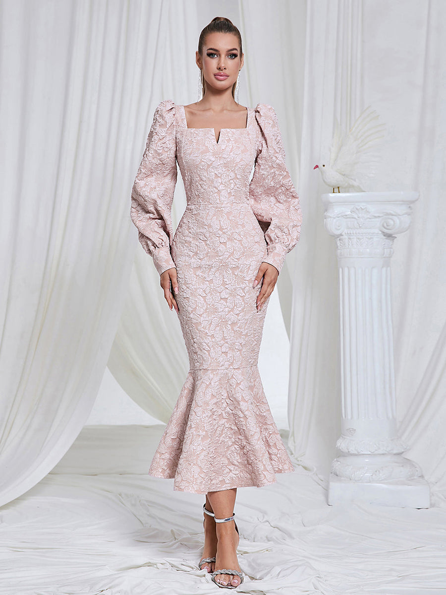 Yasmina Delacroix — Hooked Dress, Bodycon Midi with Square Neckline and Long Sleeves, Fish Tail HB101470, alternate view 2