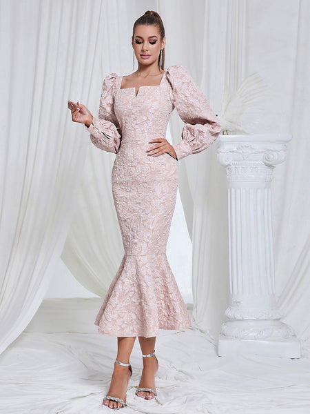 Hooked Dress, Bodycon Midi with Square Neckline and Long Sleeves, Fish Tail HB101470