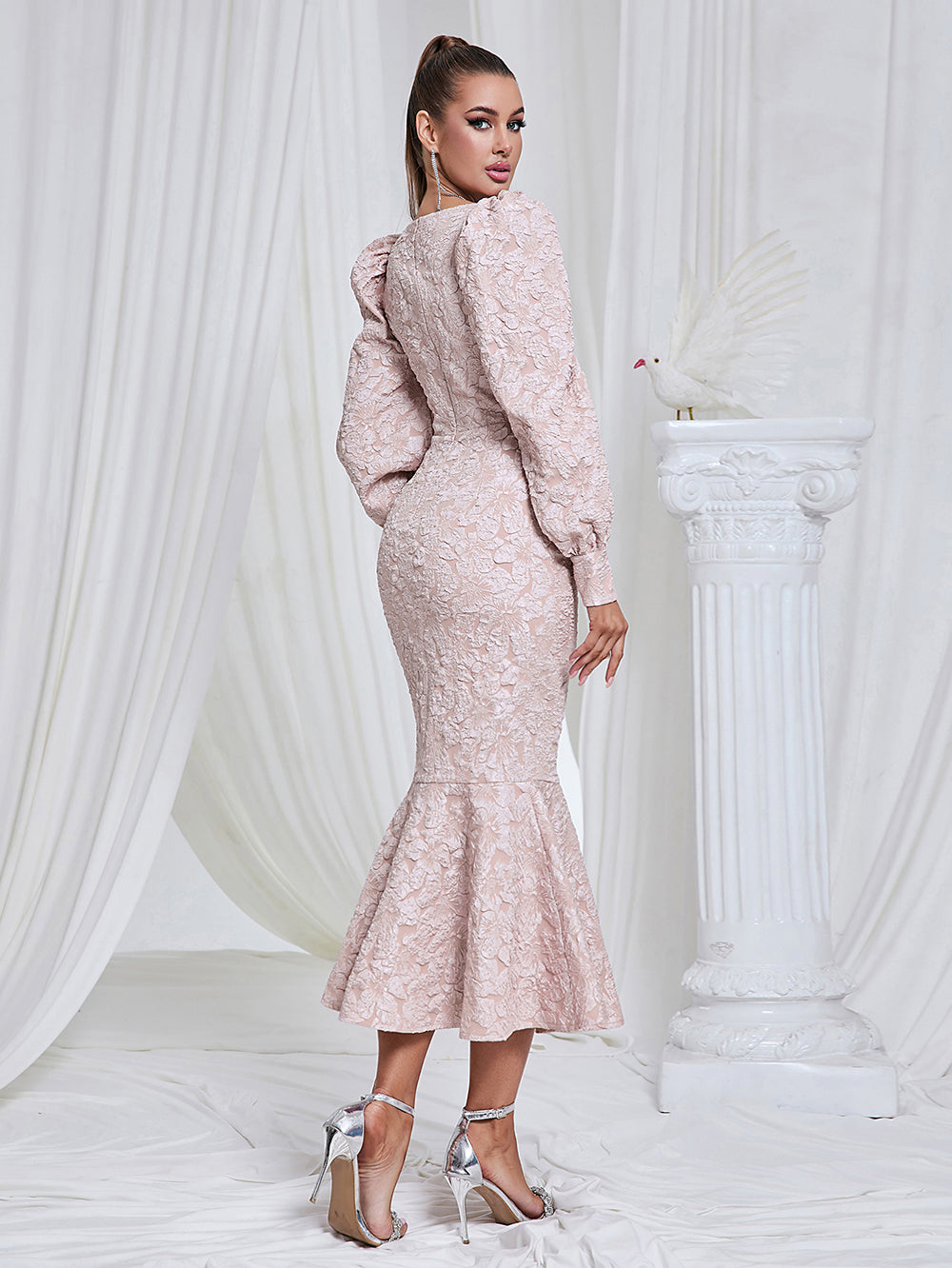 Yasmina Delacroix — Hooked Dress, Bodycon Midi with Square Neckline and Long Sleeves, Fish Tail HB101470, alternate view 4
