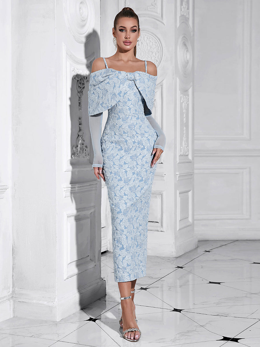 Elegant Mesh-Back Jacquard Midi Bodycon Dress with Strappy Long Sleeves HB10213