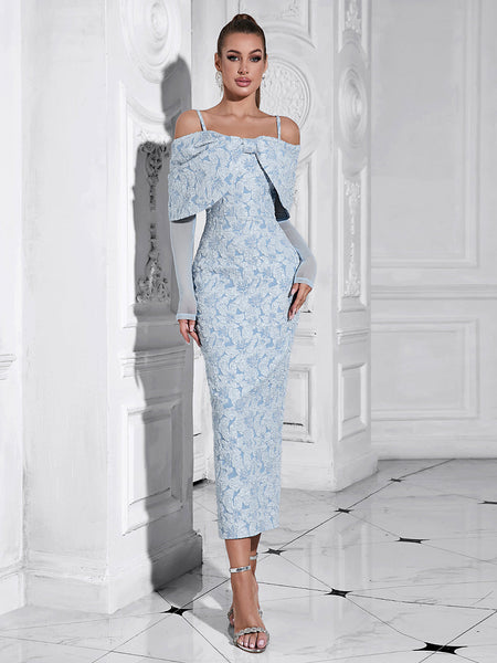 Elegant Mesh-Back Jacquard Midi Bodycon Dress with Strappy Long Sleeves HB10213