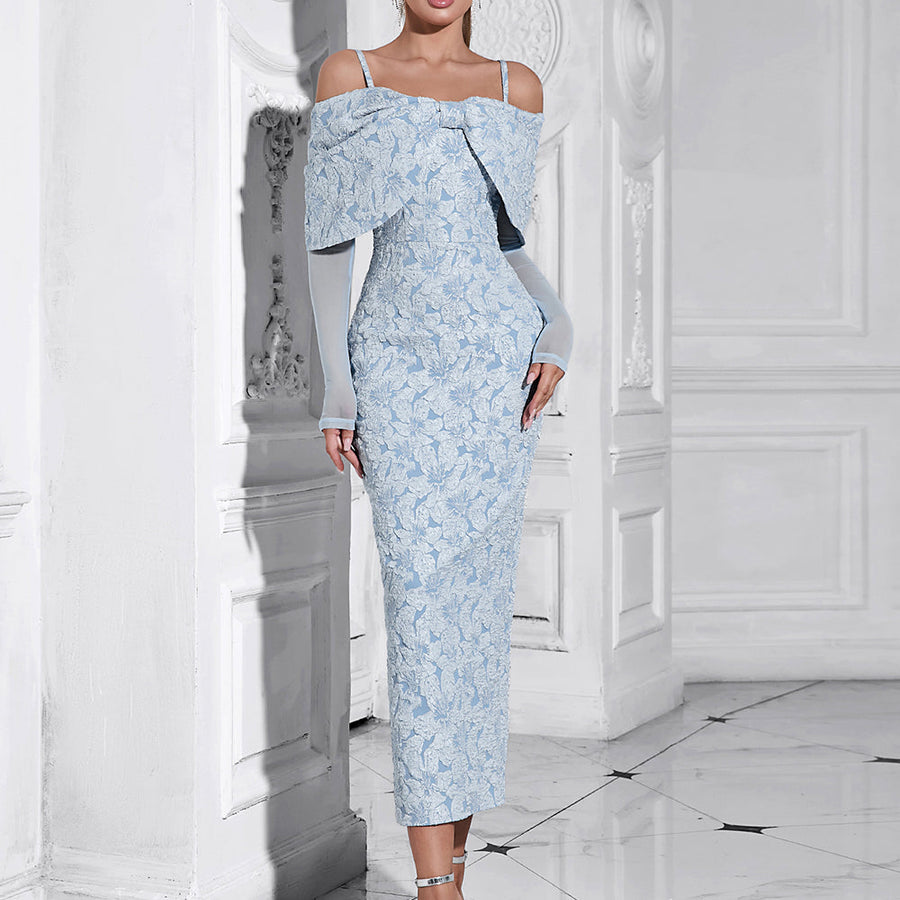 Elegant Mesh-Back Jacquard Midi Bodycon Dress with Strappy Long Sleeves HB10213