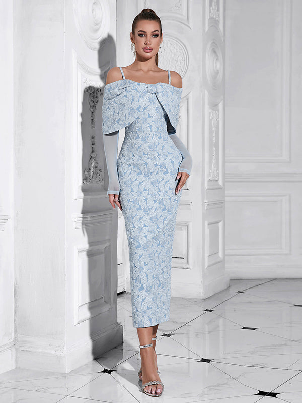Elegant Mesh-Back Jacquard Midi Bodycon Dress with Strappy Long Sleeves HB10213